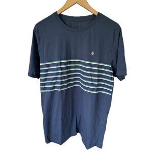 NWOT Volcom Men's Blue Striped Embroidered Logo Short Sleeve T-Shirt L